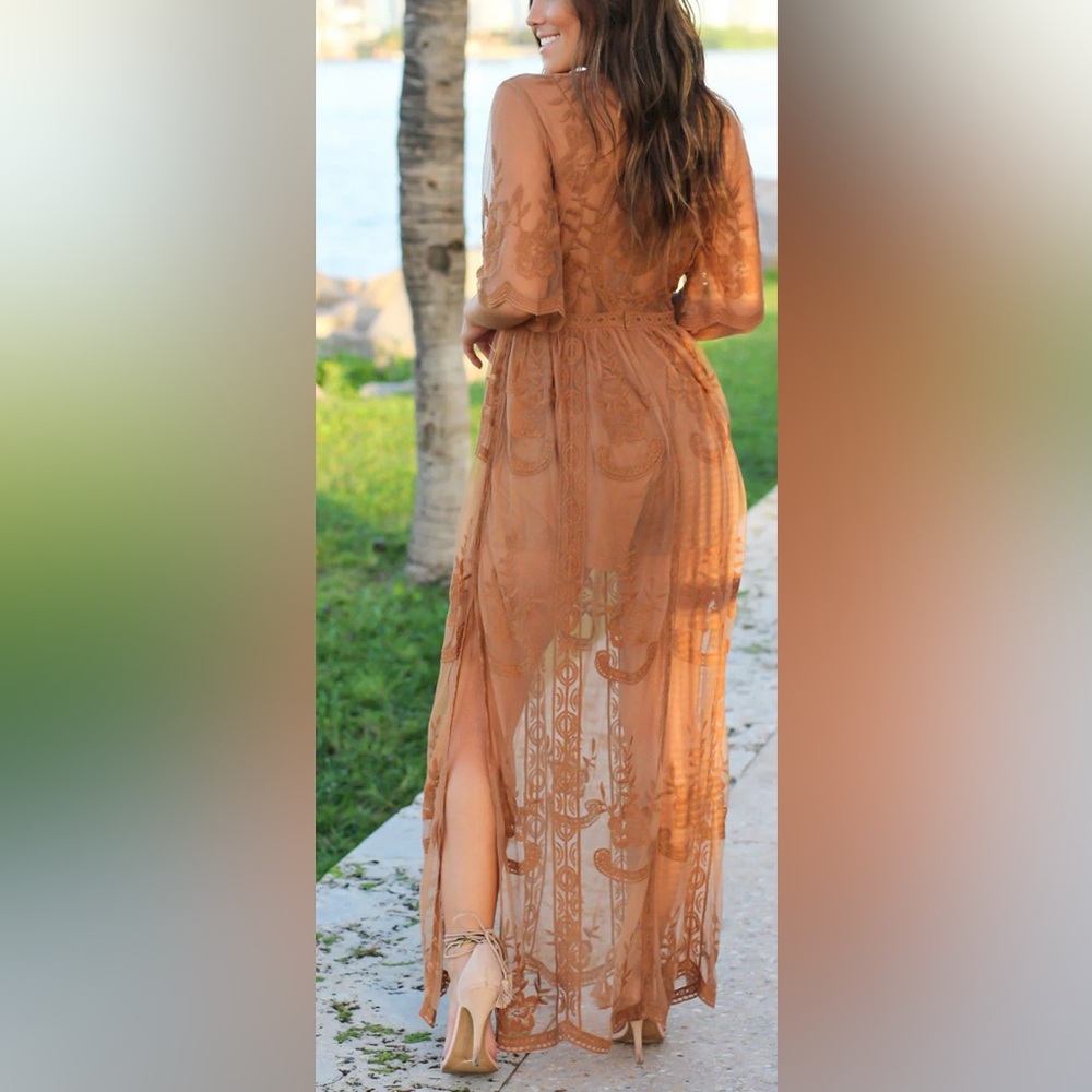 ELETÉR Sz Large Burnt Orange Lace Maxi Romper Dress Boho Floral Embroidered NEW - Picture 8 of 8